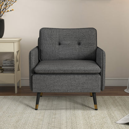 Scandinavian armchair with tufted backrest and piping in gray fabric 76 x 68 x 80 cm - black and gold metal legs