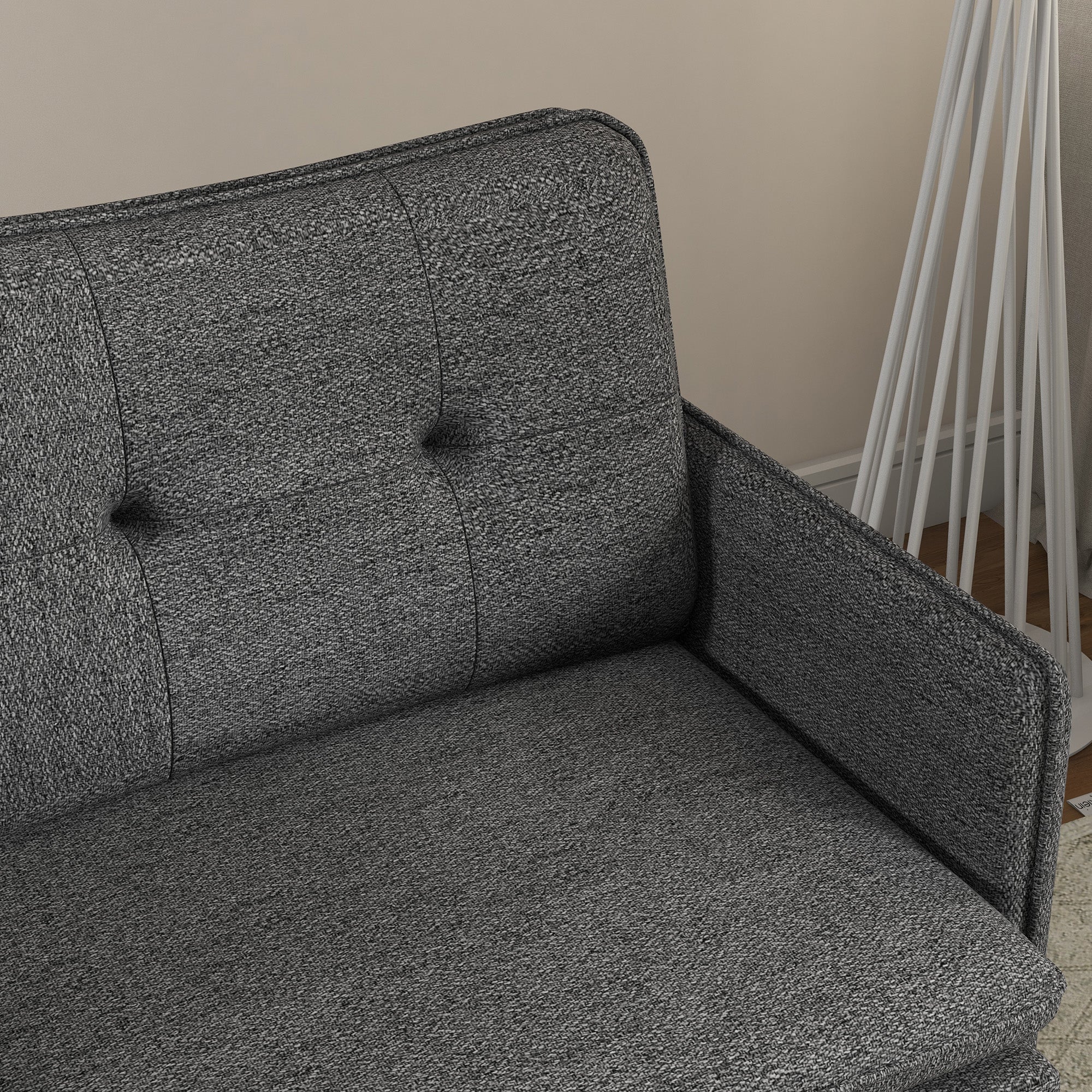 Scandinavian armchair with tufted backrest and piping in gray fabric 76 x 68 x 80 cm - black and gold metal legs