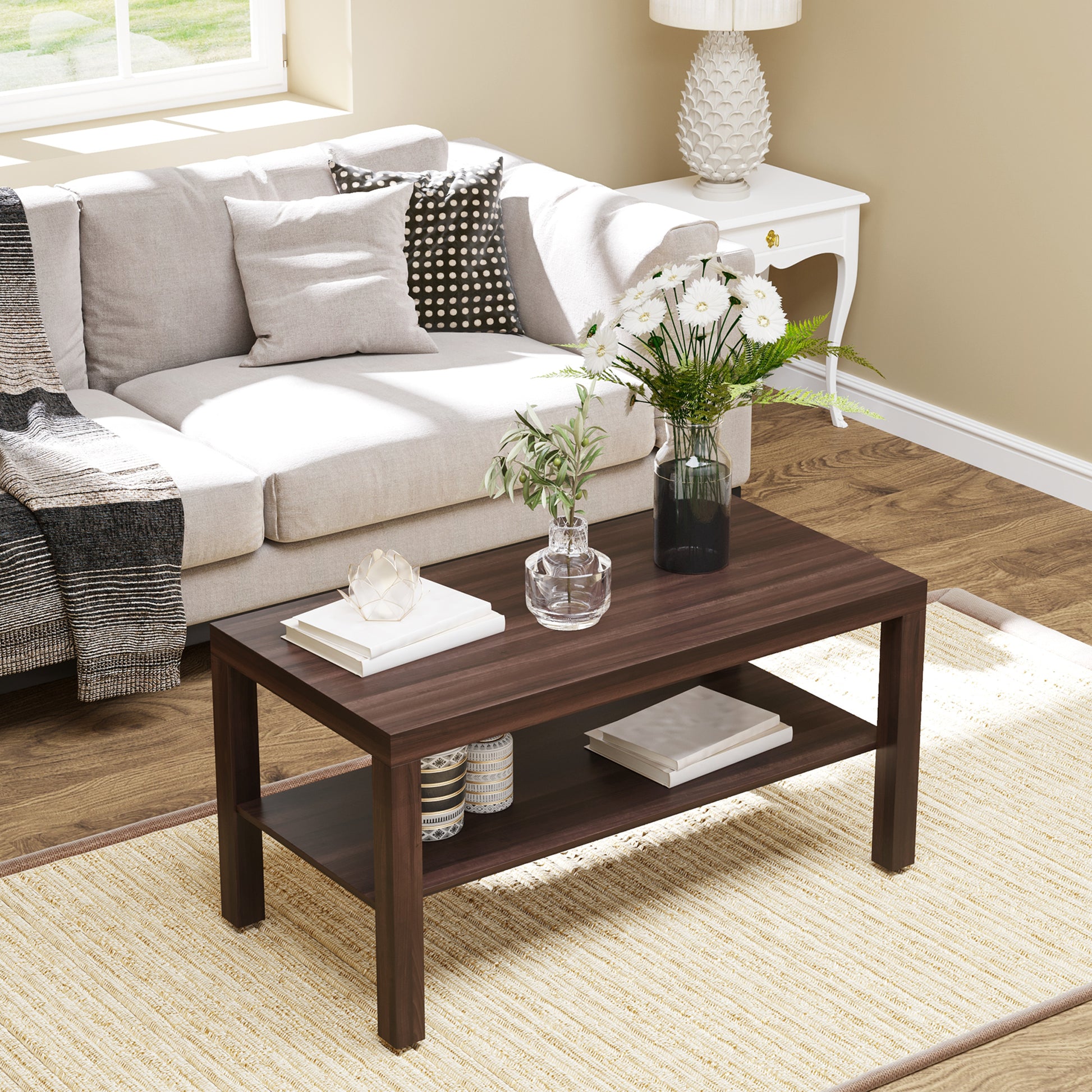 Modern Coffee Table with 2 Storage Shelves Low Tea Table for Living Room Office Load 20 kg 90x45x44.5 cm Walnut