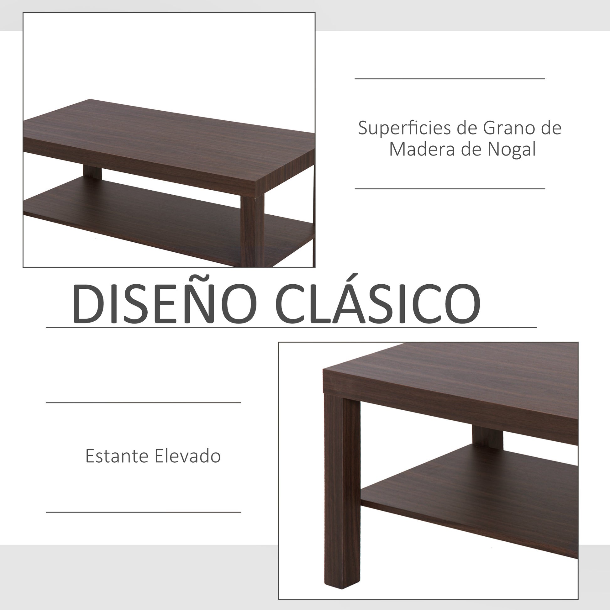 Modern Coffee Table with 2 Storage Shelves Low Tea Table for Living Room Office Load 20 kg 90x45x44.5 cm Walnut