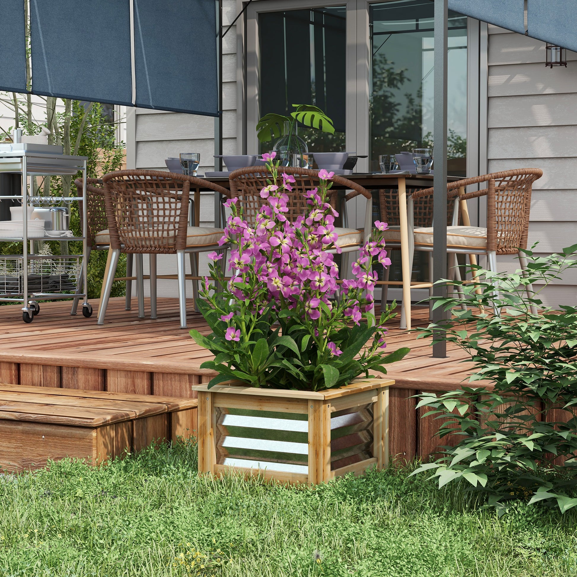 Metal Raised Bed Planter Box with Wood Frame, Vegetable Bed, Herb Garden for Garden, Balcony, Natural, 45 x 45 x 30 cm