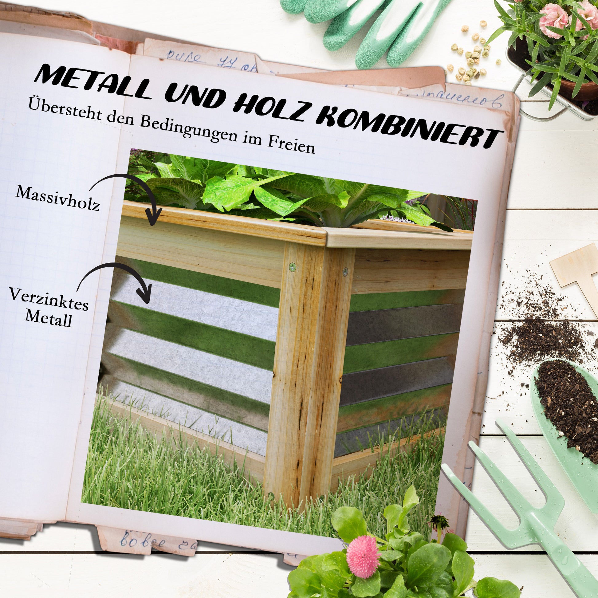 Metal Raised Bed Planter Box with Wood Frame, Vegetable Bed, Herb Garden for Garden, Balcony, Natural, 45 x 45 x 30 cm