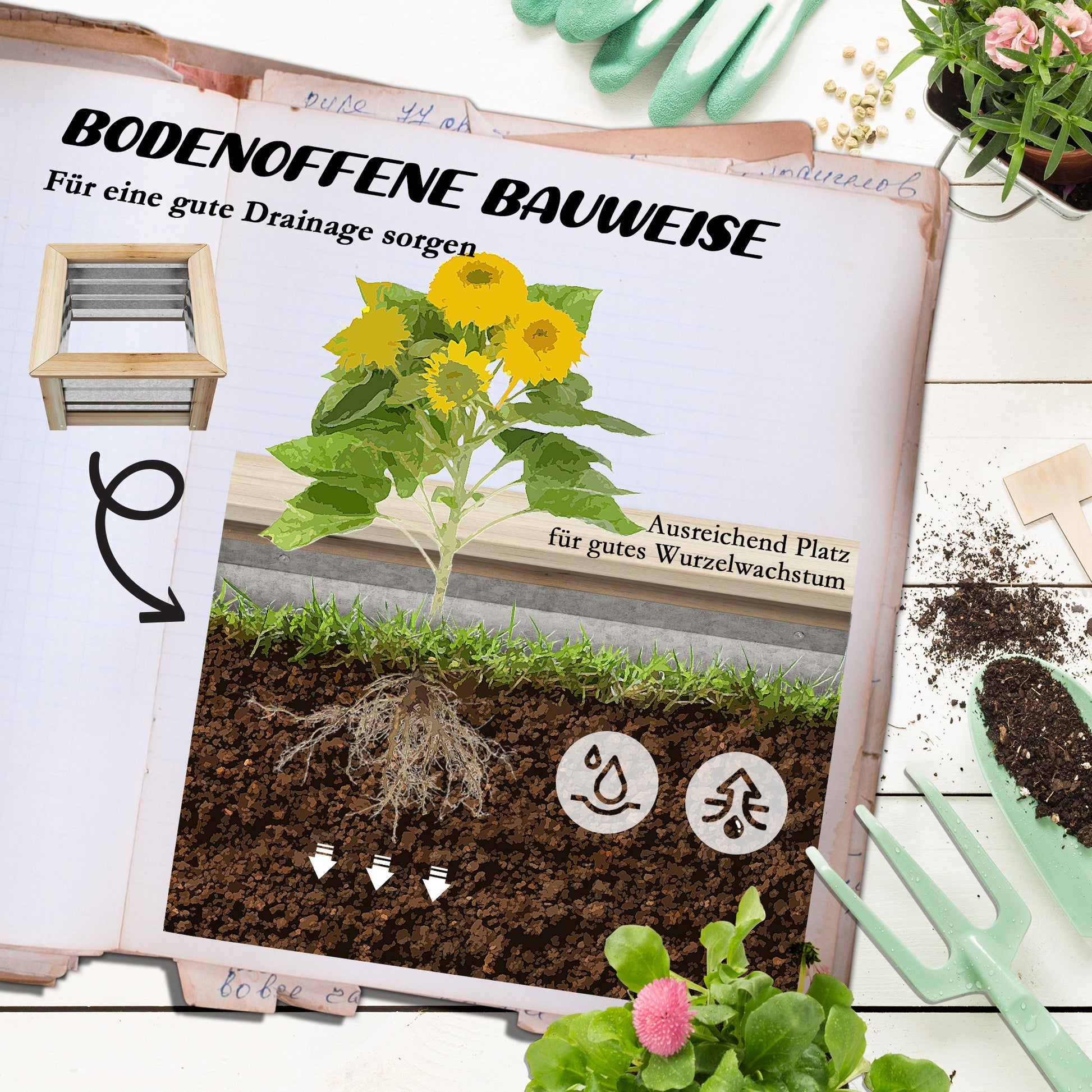 Metal Raised Bed Planter Box with Wood Frame, Vegetable Bed, Herb Garden for Garden, Balcony, Natural, 45 x 45 x 30 cm