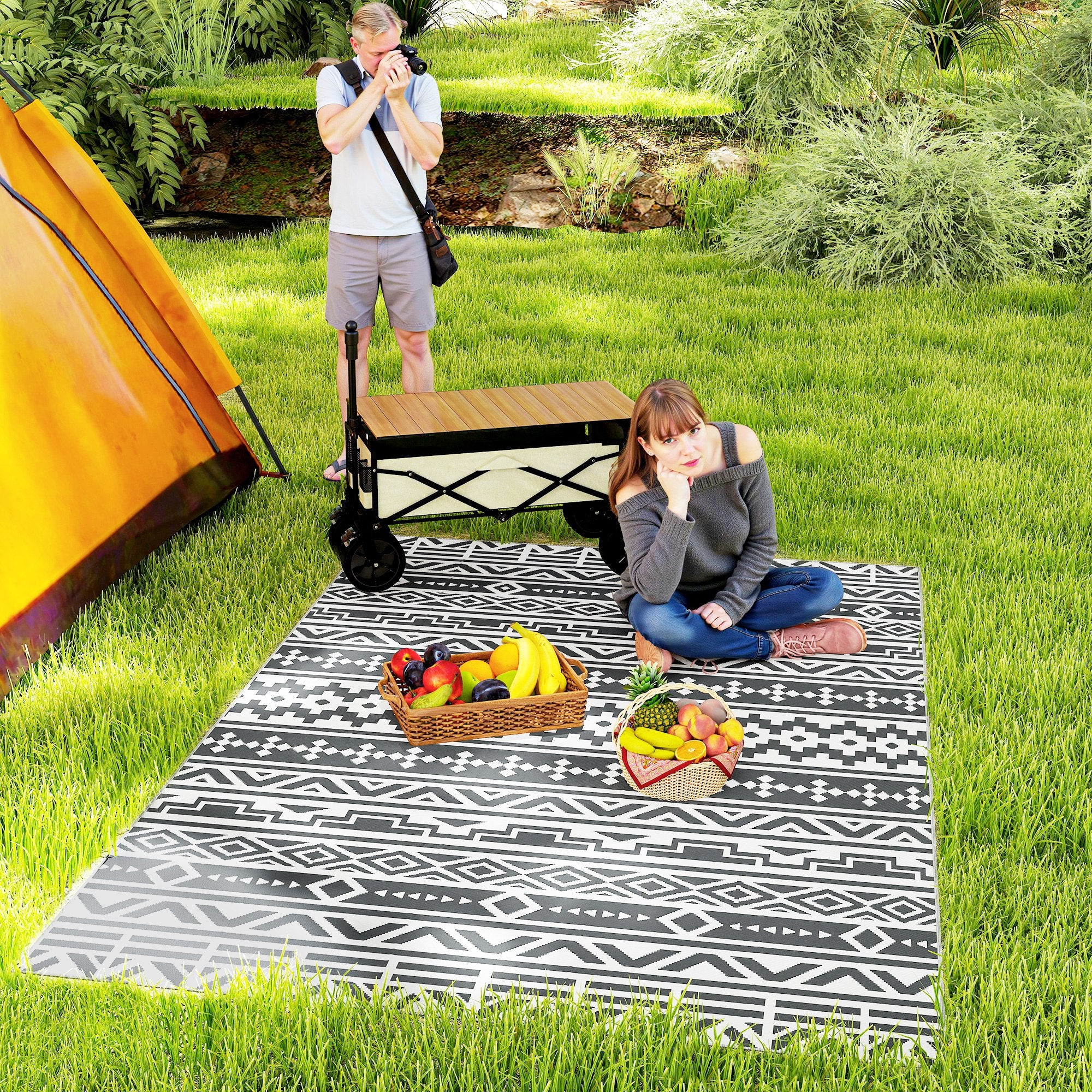 Outdoor Rug Robust Weatherproof Outdoor Carpet, Foldable Carpet with Boho Style, Outdoor Rug for Living Room Balcony Garden Patio Bathroom Hall Kitchen, 182 x 274 cm Dark Gray+White