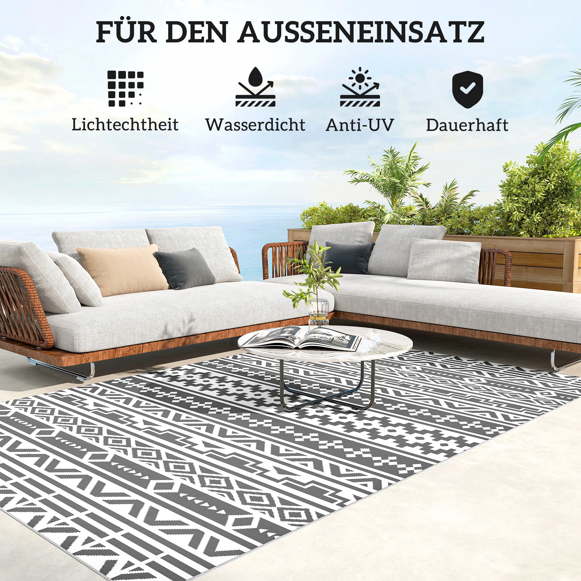 Outdoor Rug Robust Weatherproof Outdoor Carpet, Foldable Carpet with Boho Style, Outdoor Rug for Living Room Balcony Garden Patio Bathroom Hall Kitchen, 182 x 274 cm Dark Gray+White