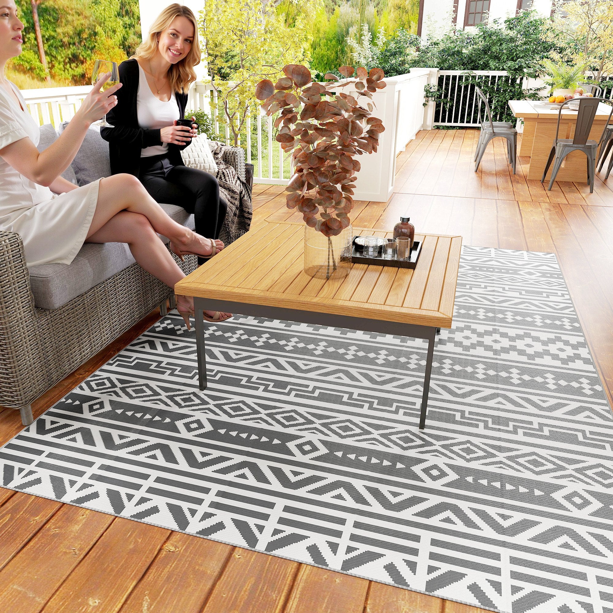 Outdoor Rug Robust Weatherproof Outdoor Carpet, Foldable Carpet with Boho Style, Outdoor Rug for Living Room Balcony Garden Patio Bathroom Hall Kitchen, 182 x 274 cm Dark Gray+White