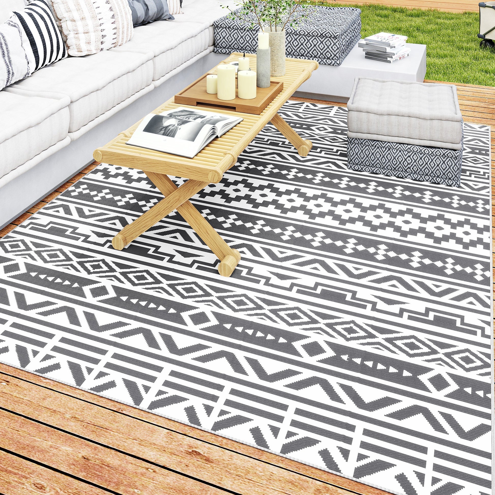 Outdoor Rug Robust Weatherproof Outdoor Carpet, Foldable Carpet with Boho Style, Outdoor Rug for Living Room Balcony Garden Patio Bathroom Hall Kitchen, 182 x 274 cm Dark Gray+White