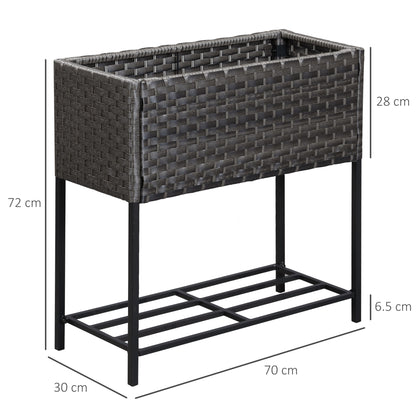 Raised Garden Bed, Wicker Effect Planter with Shelf, Raised Flower Bed for Indoor and Outdoor Use, Gray (70cm x 30cm x 72cm)