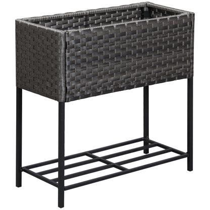 Raised Garden Bed, Wicker Effect Planter with Shelf, Raised Flower Bed for Indoor and Outdoor Use, Gray (70cm x 30cm x 72cm)