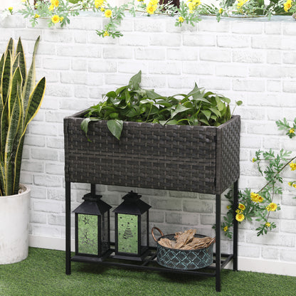 Raised Garden Bed, Wicker Effect Planter with Shelf, Raised Flower Bed for Indoor and Outdoor Use, Gray (70cm x 30cm x 72cm)