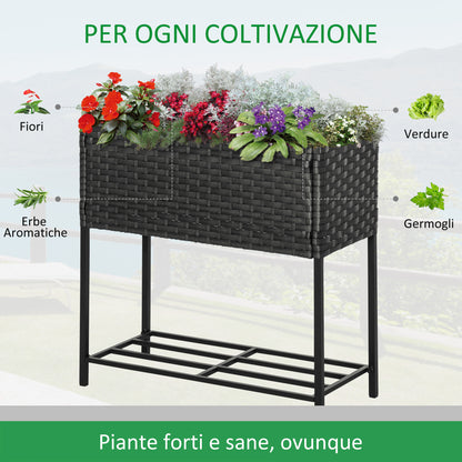Raised Garden Bed, Wicker Effect Planter with Shelf, Raised Flower Bed for Indoor and Outdoor Use, Gray (70cm x 30cm x 72cm)