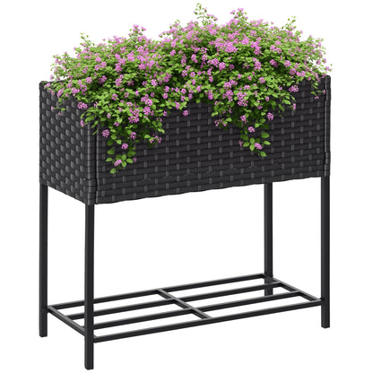 Raised Garden Bed, Wicker Effect Planter with Shelf, Raised Flower Bed for Indoor and Outdoor Use, Gray (70cm x 30cm x 72cm)