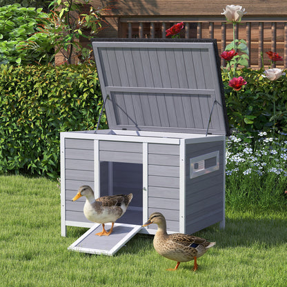 Weatherproof Wooden Duck House with Removable Floor, Sliding Windows & Asphalt Roof — Elevated Coop with Ramp for 2–3 Ducks/Chickens, Gray (93 x 70 x 72 cm / 36.6 x 27.6 x 28.3 in)