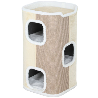 74cm High Scratching Barrel Three-Story Cat Barrel with Cushion, Plush Edge, Cat Cave, Cat Tree for Small Cats, Beige+White