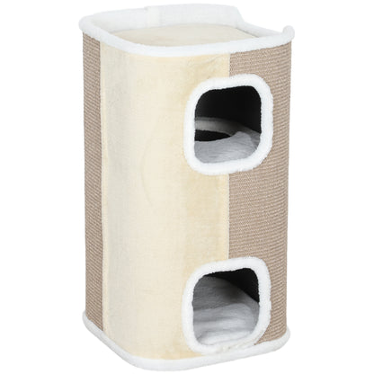 74cm High Scratching Barrel Three-Story Cat Barrel with Cushion, Plush Edge, Cat Cave, Cat Tree for Small Cats, Beige+White