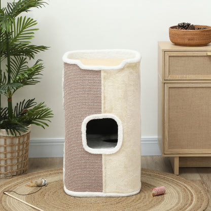 74cm High Scratching Barrel Three-Story Cat Barrel with Cushion, Plush Edge, Cat Cave, Cat Tree for Small Cats, Beige+White