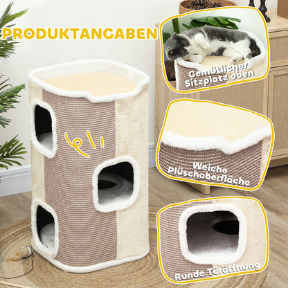 74cm High Scratching Barrel Three-Story Cat Barrel with Cushion, Plush Edge, Cat Cave, Cat Tree for Small Cats, Beige+White