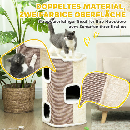 74cm High Scratching Barrel Three-Story Cat Barrel with Cushion, Plush Edge, Cat Cave, Cat Tree for Small Cats, Beige+White