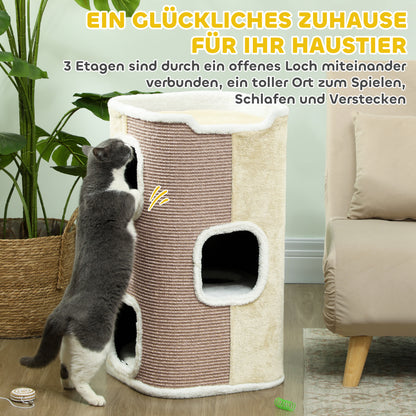 74cm High Scratching Barrel Three-Story Cat Barrel with Cushion, Plush Edge, Cat Cave, Cat Tree for Small Cats, Beige+White