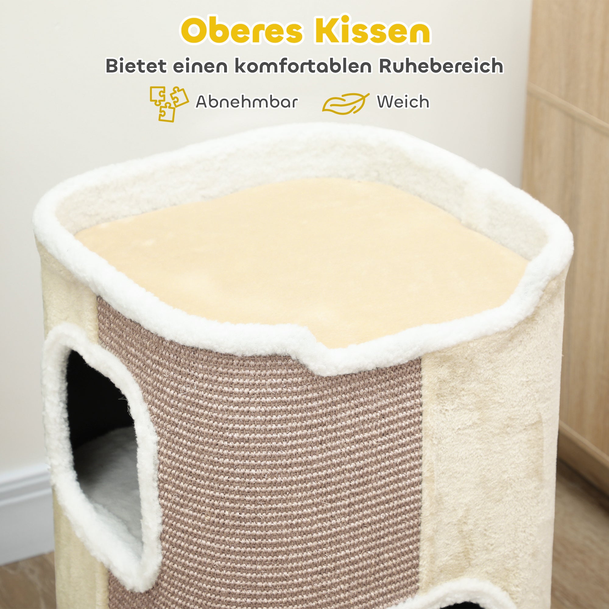 74cm High Scratching Barrel Three-Story Cat Barrel with Cushion, Plush Edge, Cat Cave, Cat Tree for Small Cats, Beige+White