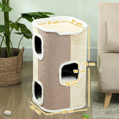 74cm High Scratching Barrel Three-Story Cat Barrel with Cushion, Plush Edge, Cat Cave, Cat Tree for Small Cats, Beige+White