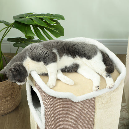 74cm High Scratching Barrel Three-Story Cat Barrel with Cushion, Plush Edge, Cat Cave, Cat Tree for Small Cats, Beige+White
