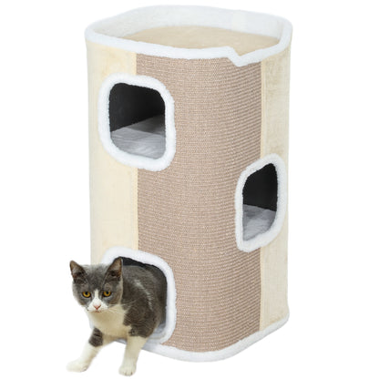74cm High Scratching Barrel Three-Story Cat Barrel with Cushion, Plush Edge, Cat Cave, Cat Tree for Small Cats, Beige+White