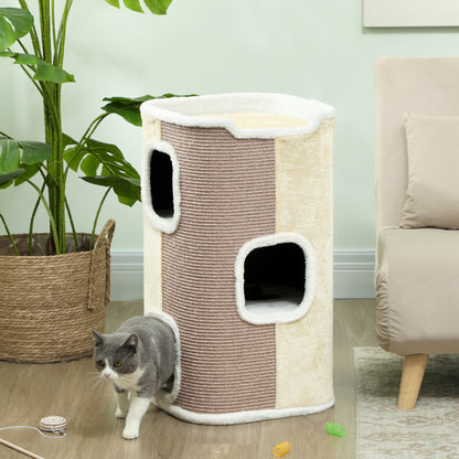 74cm High Scratching Barrel Three-Story Cat Barrel with Cushion, Plush Edge, Cat Cave, Cat Tree for Small Cats, Beige+White