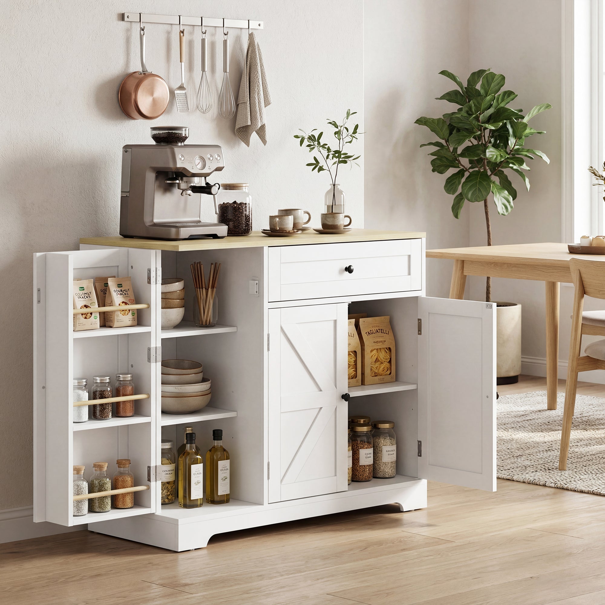 Sideboard Kitchen Cabinet with Drawer, 3 Doors & Adjustable Shelves, Farmhouse Style, 100 x 40 x 81 cm (39.4 x 15.7 x 31.9 in), White