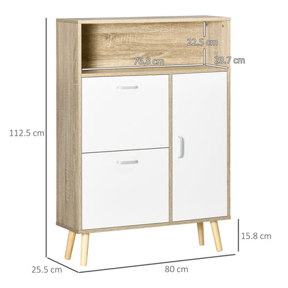 Shoe Cabinet for 8 Pairs of Shoes Shoe Storage with 2 Flip-Down Drawers Open Shelf and Door for Hallway Entryway 80x25.5x112.5 cm Natural and White