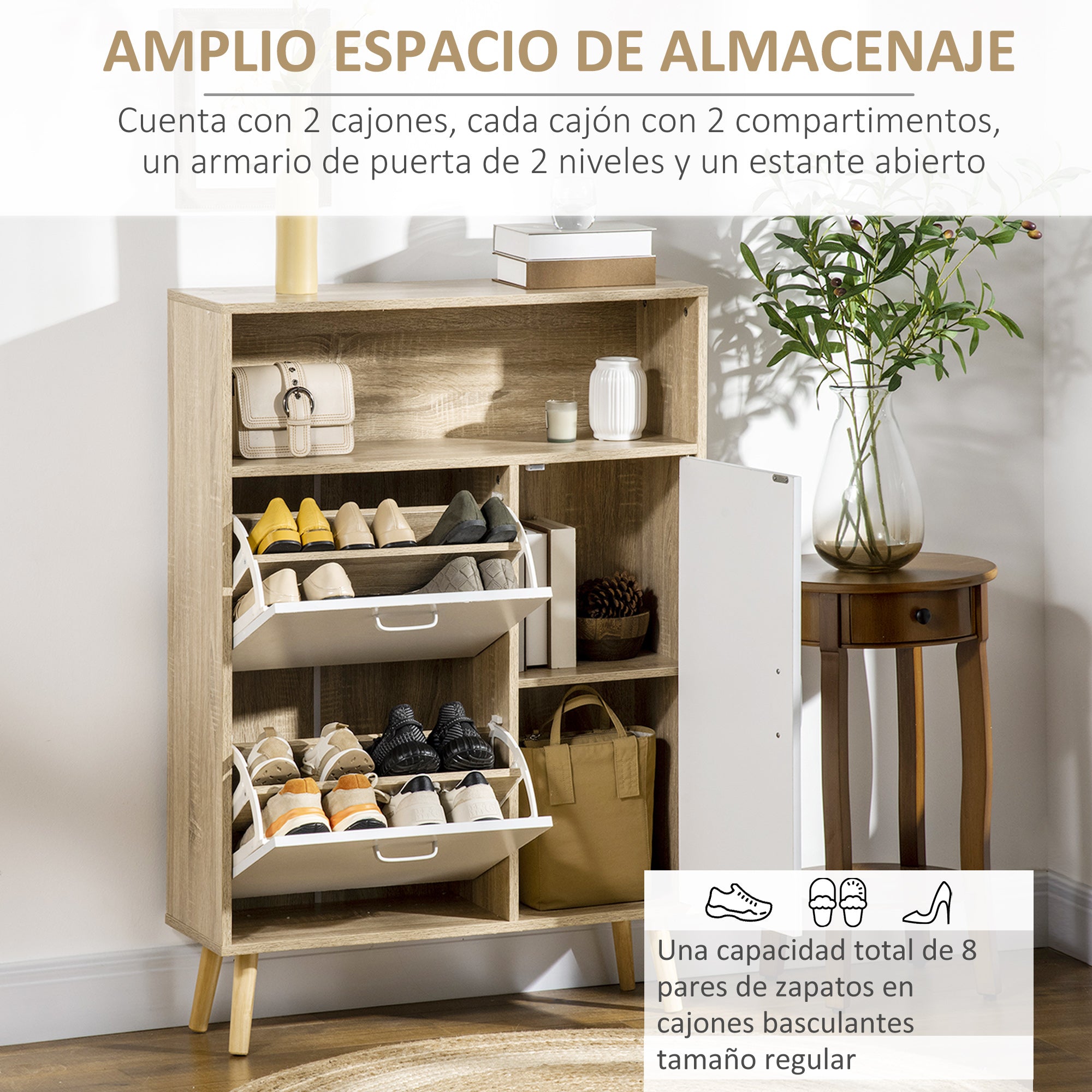 Shoe Cabinet for 8 Pairs of Shoes Shoe Storage with 2 Flip-Down Drawers Open Shelf and Door for Hallway Entryway 80x25.5x112.5 cm Natural and White