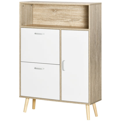 Shoe Cabinet for 8 Pairs of Shoes Shoe Storage with 2 Flip-Down Drawers Open Shelf and Door for Hallway Entryway 80x25.5x112.5 cm Natural and White