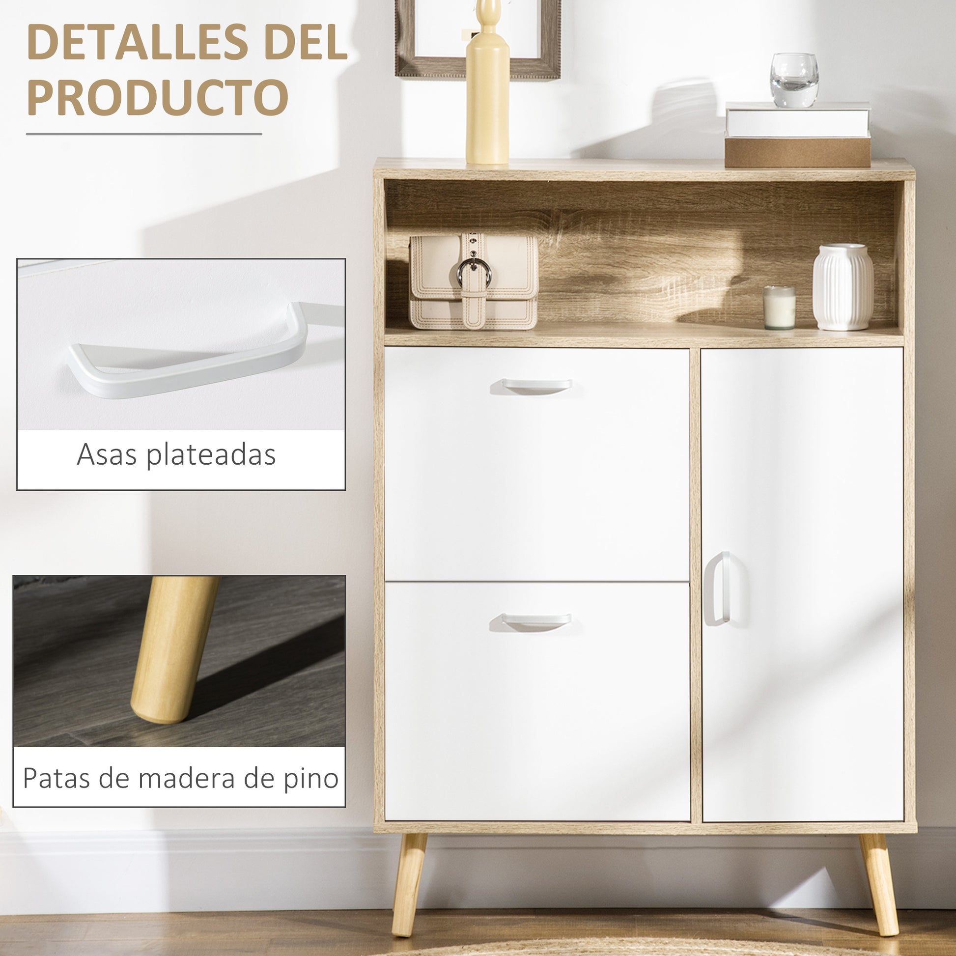 Shoe Cabinet for 8 Pairs of Shoes Shoe Storage with 2 Flip-Down Drawers Open Shelf and Door for Hallway Entryway 80x25.5x112.5 cm Natural and White