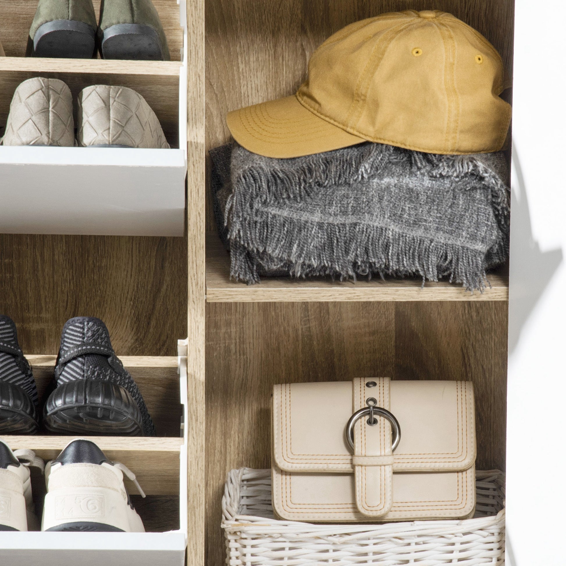 Shoe Cabinet for 8 Pairs of Shoes Shoe Storage with 2 Flip-Down Drawers Open Shelf and Door for Hallway Entryway 80x25.5x112.5 cm Natural and White