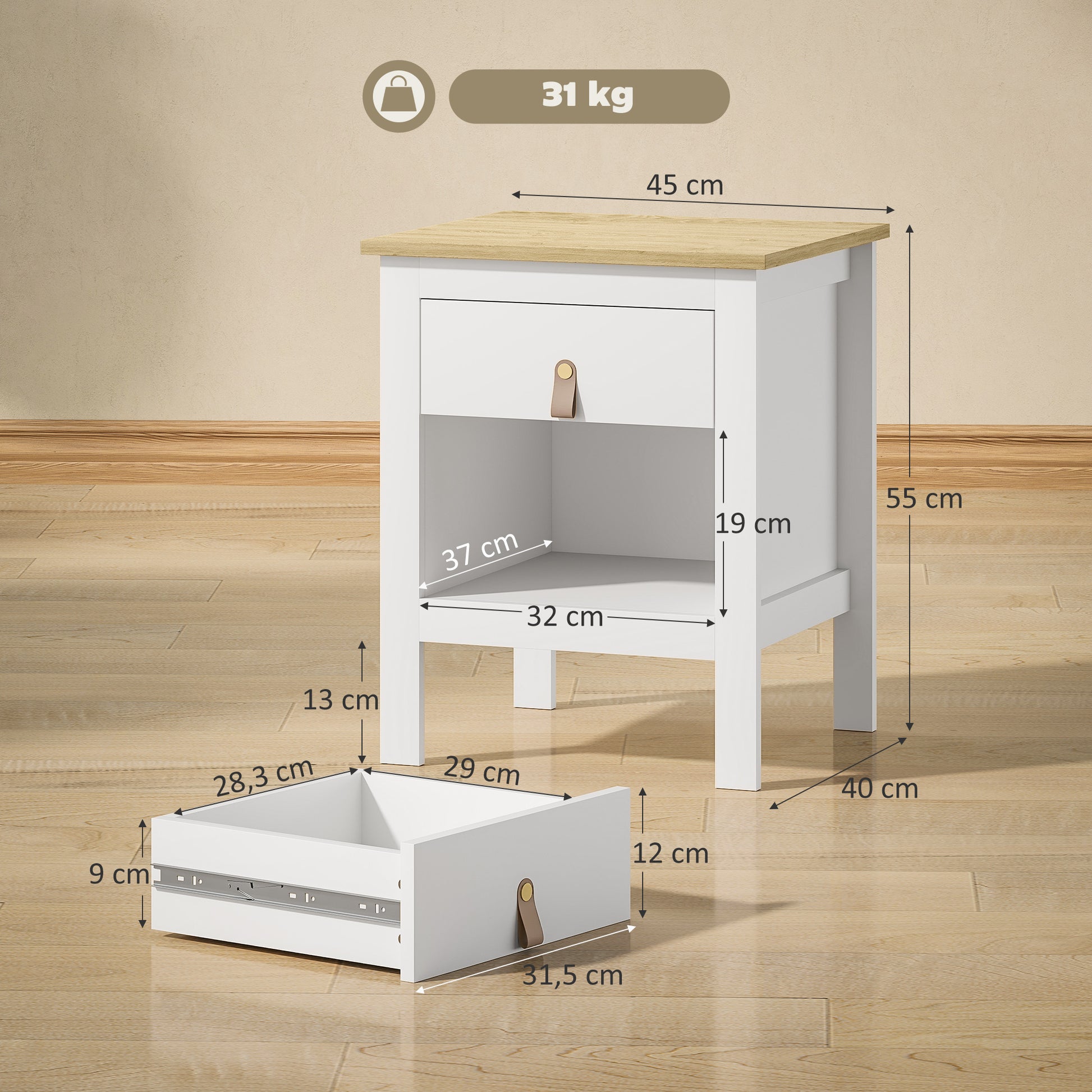 Set of 2 Bedside Tables Nightstand with Drawer and Open Compartment, Modern Style for Bedroom, Living Room, 45 x 40 x 55 cm, White