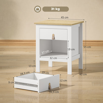 Set of 2 Bedside Tables Nightstand with Drawer and Open Compartment, Modern Style for Bedroom, Living Room, 45 x 40 x 55 cm, White