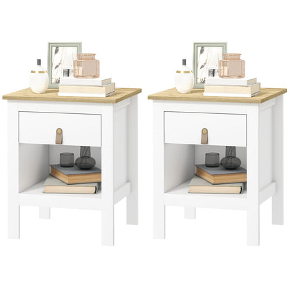 Set of 2 Bedside Tables Nightstand with Drawer and Open Compartment, Modern Style for Bedroom, Living Room, 45 x 40 x 55 cm, White