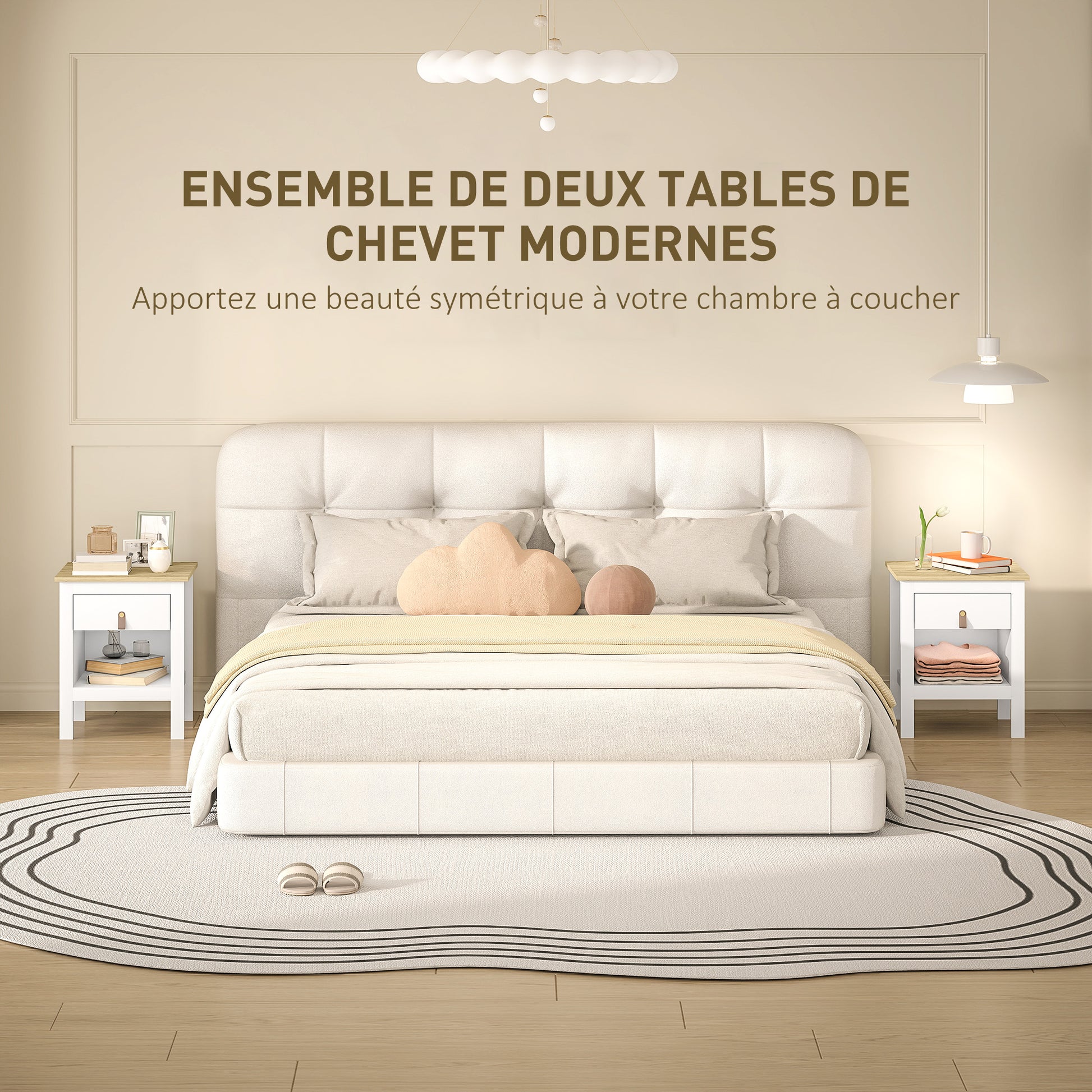 Set of 2 Bedside Tables Nightstand with Drawer and Open Compartment, Modern Style for Bedroom, Living Room, 45 x 40 x 55 cm, White