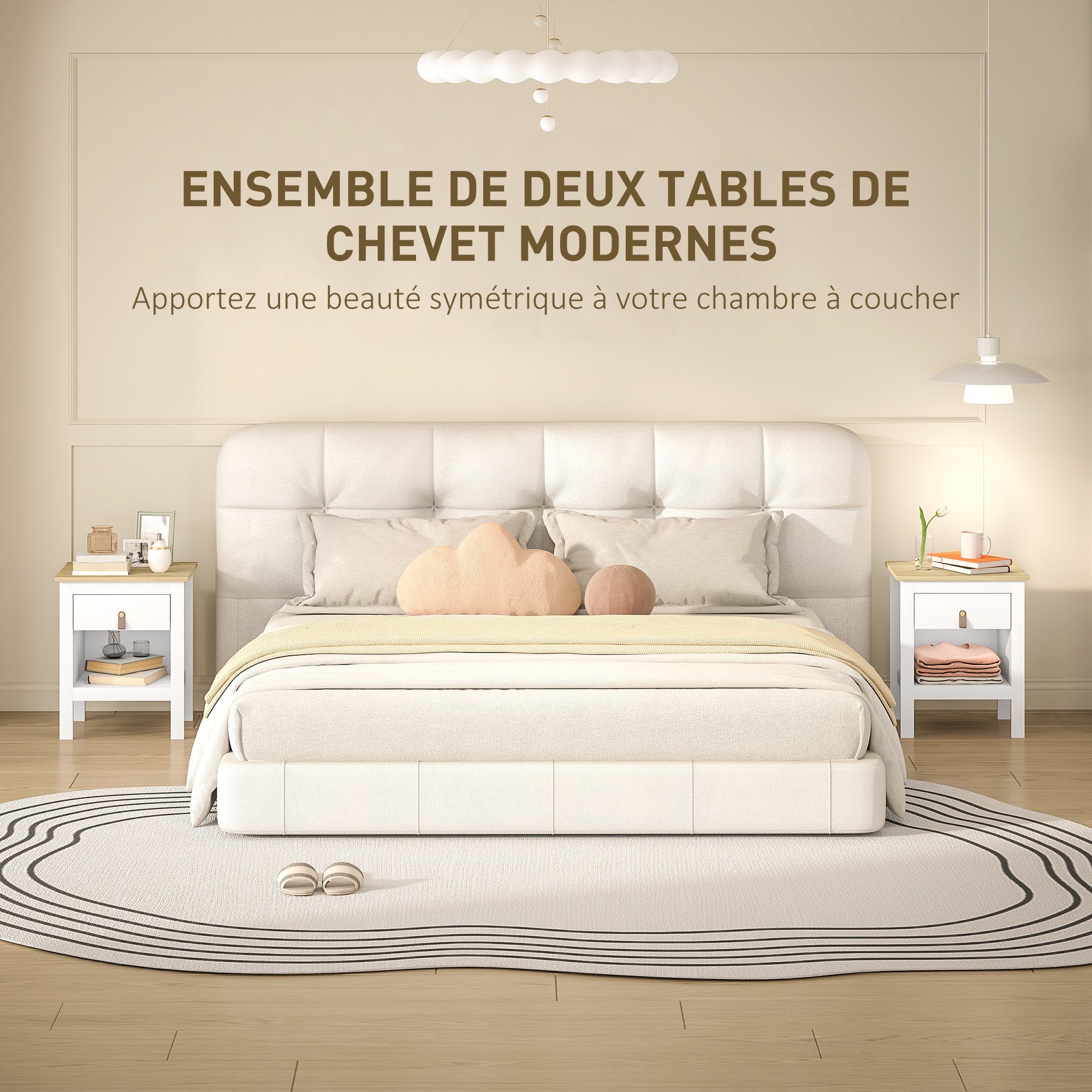Set of 2 Bedside Tables Nightstand with Drawer and Open Compartment, Modern Style for Bedroom, Living Room, 45 x 40 x 55 cm, White