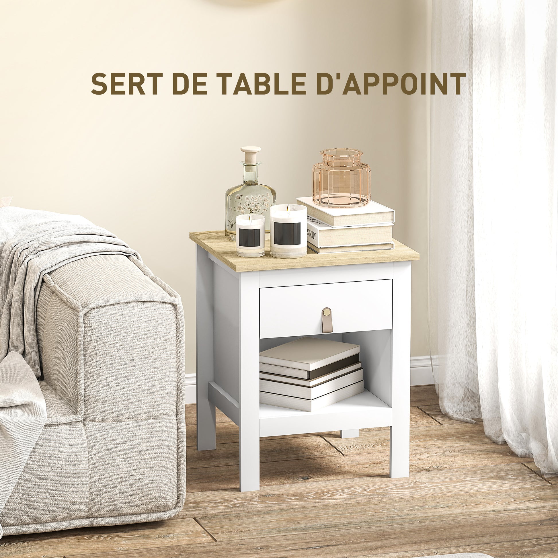 Set of 2 Bedside Tables Nightstand with Drawer and Open Compartment, Modern Style for Bedroom, Living Room, 45 x 40 x 55 cm, White