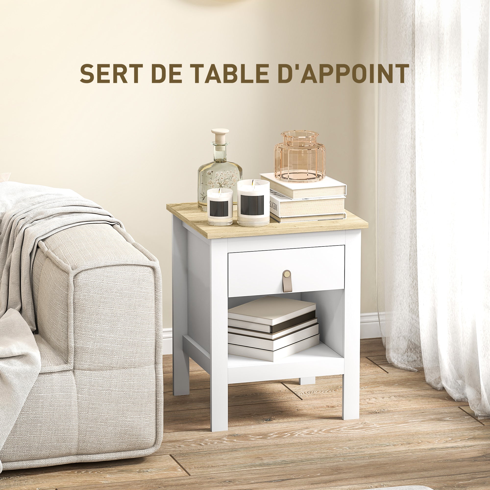 Set of 2 Bedside Tables Nightstand with Drawer and Open Compartment, Modern Style for Bedroom, Living Room, 45 x 40 x 55 cm, White