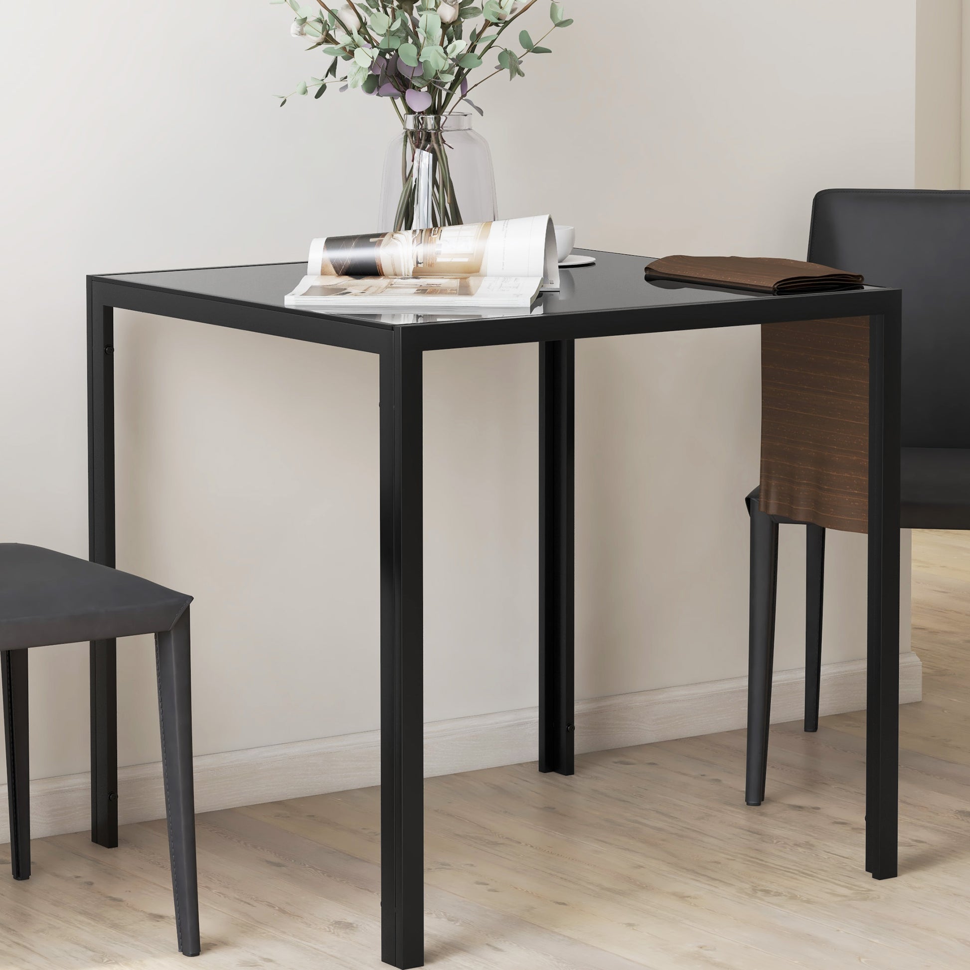 Dining Table 75 x 75 cm, Square Kitchen Table for 4 People, Dining Table with Toughened Glass Top and Metal Legs, Modern Table for Kitchen, Dining Room, and Living Room, Black