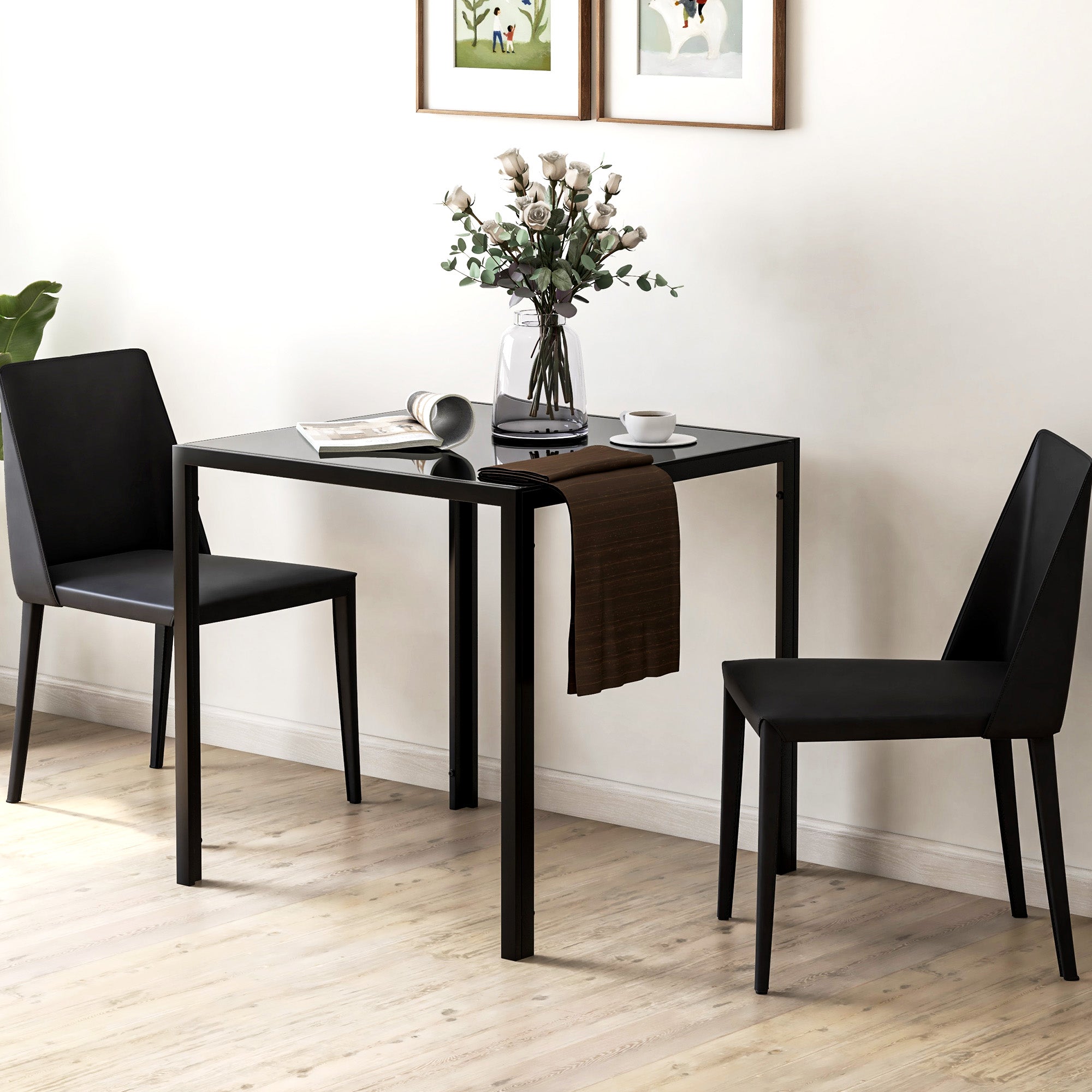 Dining Table 75 x 75 cm, Square Kitchen Table for 4 People, Dining Table with Toughened Glass Top and Metal Legs, Modern Table for Kitchen, Dining Room, and Living Room, Black