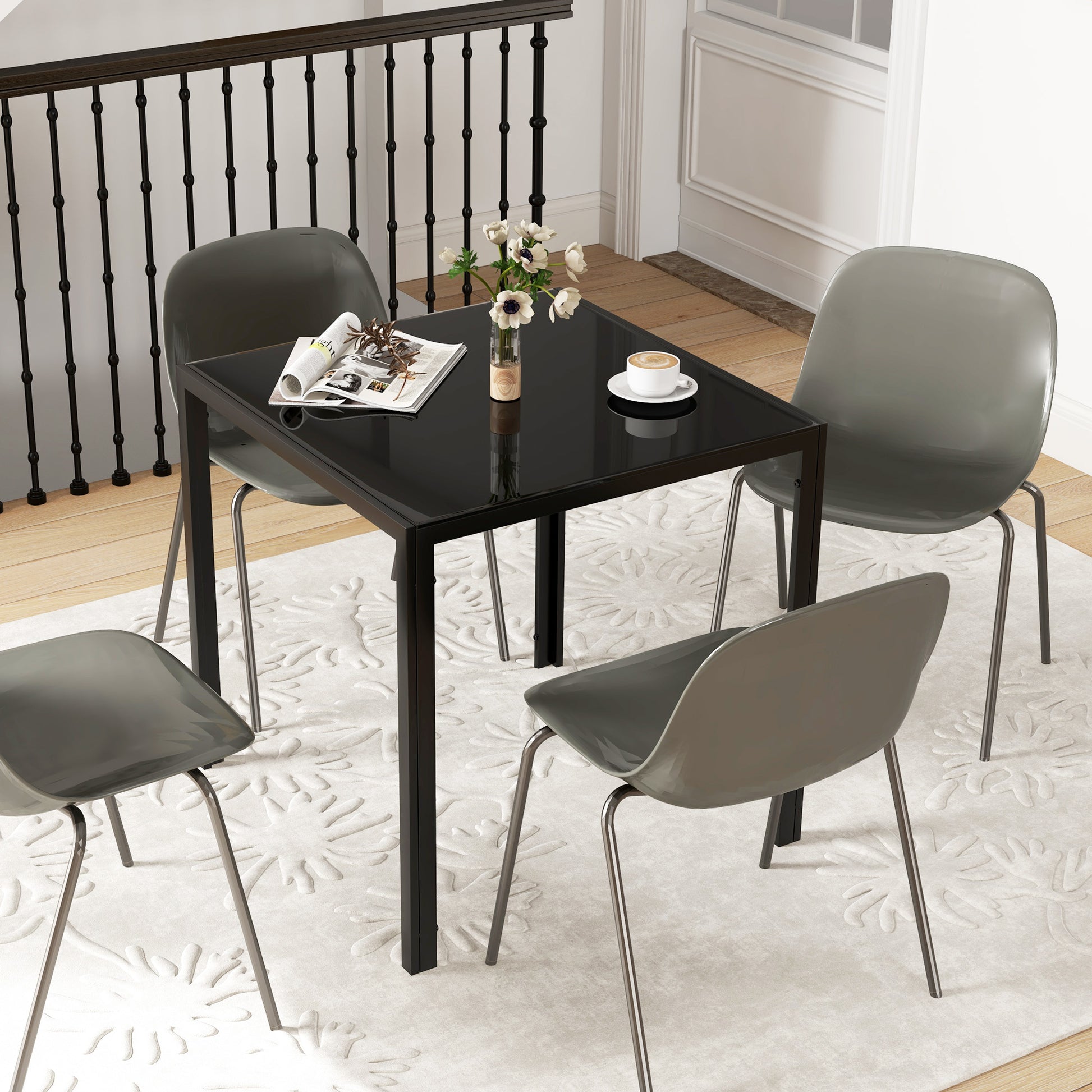 Dining Table 75 x 75 cm, Square Kitchen Table for 4 People, Dining Table with Toughened Glass Top and Metal Legs, Modern Table for Kitchen, Dining Room, and Living Room, Black
