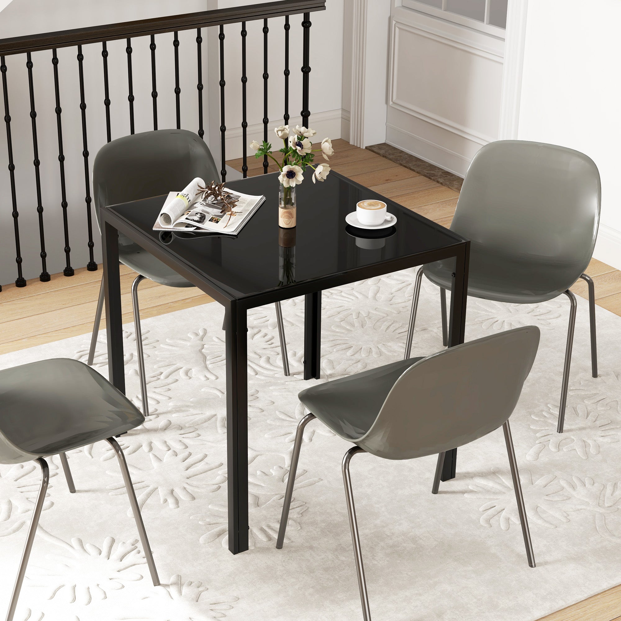 Dining Table 75 x 75 cm, Square Kitchen Table for 4 People, Dining Table with Toughened Glass Top and Metal Legs, Modern Table for Kitchen, Dining Room, and Living Room, Black