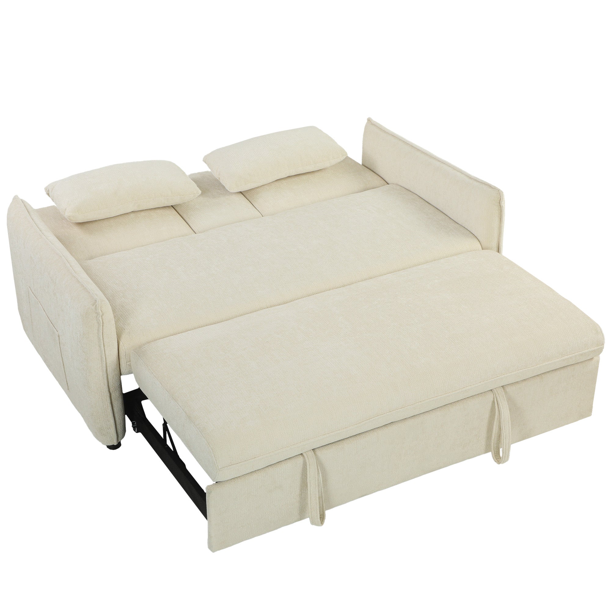 2-Seater 3‑in‑1 Convertible Chenille Sofa Bed with Adjustable Backrest, Cup Holders & Side Pockets — Beige