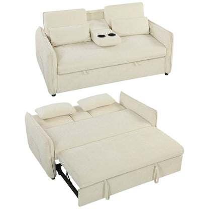 2-Seater 3‑in‑1 Convertible Chenille Sofa Bed with Adjustable Backrest, Cup Holders & Side Pockets — Beige