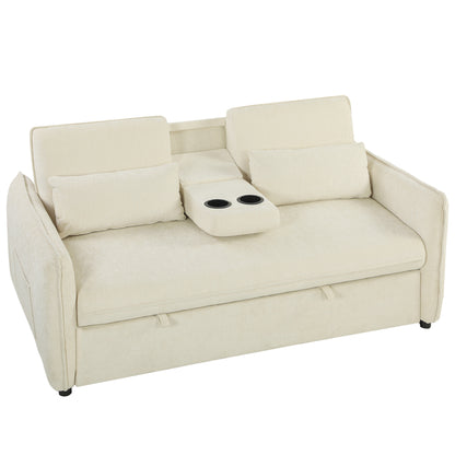 2-Seater 3‑in‑1 Convertible Chenille Sofa Bed with Adjustable Backrest, Cup Holders & Side Pockets — Beige