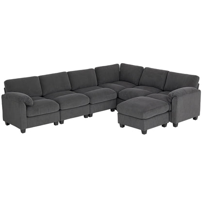 U-Shaped Corner Sofa, 292 x 224 cm (115" x 88") Sectional — Cord Fabric, Pocket-Sprung Cushions, Thick Padded Arms, Removable Ottoman, Sleeper Sofa, Dark Gray