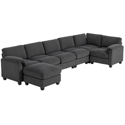 U-Shaped Corner Sofa, 292 x 224 cm (115" x 88") Sectional — Cord Fabric, Pocket-Sprung Cushions, Thick Padded Arms, Removable Ottoman, Sleeper Sofa, Dark Gray